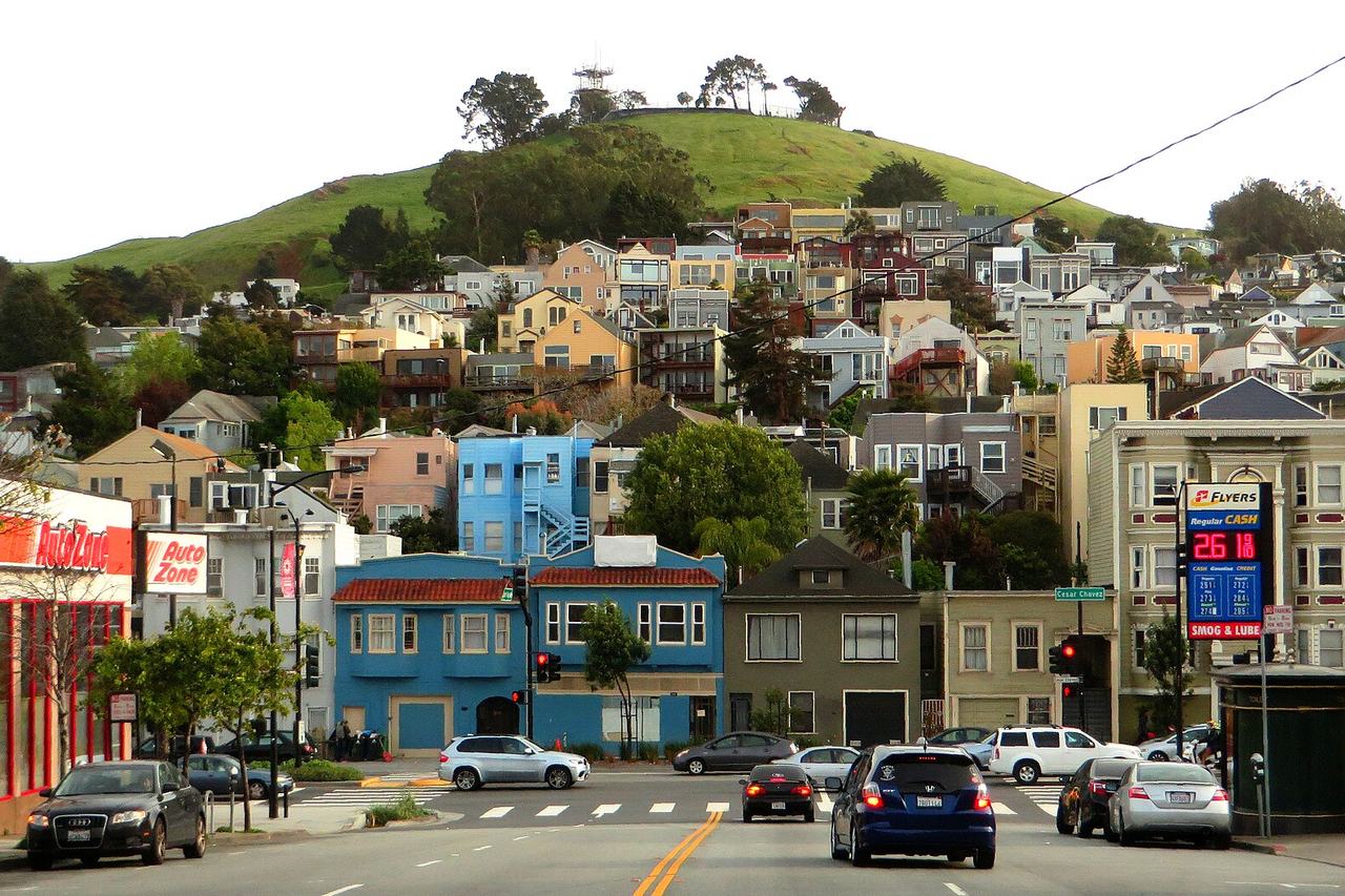 Bernal Heights is a residential neighborhood in southeastern San Francisco, California. The prominent Bernal Heights hill overlooks the San Francisco skyline and features a microwave transmission tower. The nearby Sutro Tower can be seen from the Bernal Heights neighborhood. Bernal Heights lies to t
