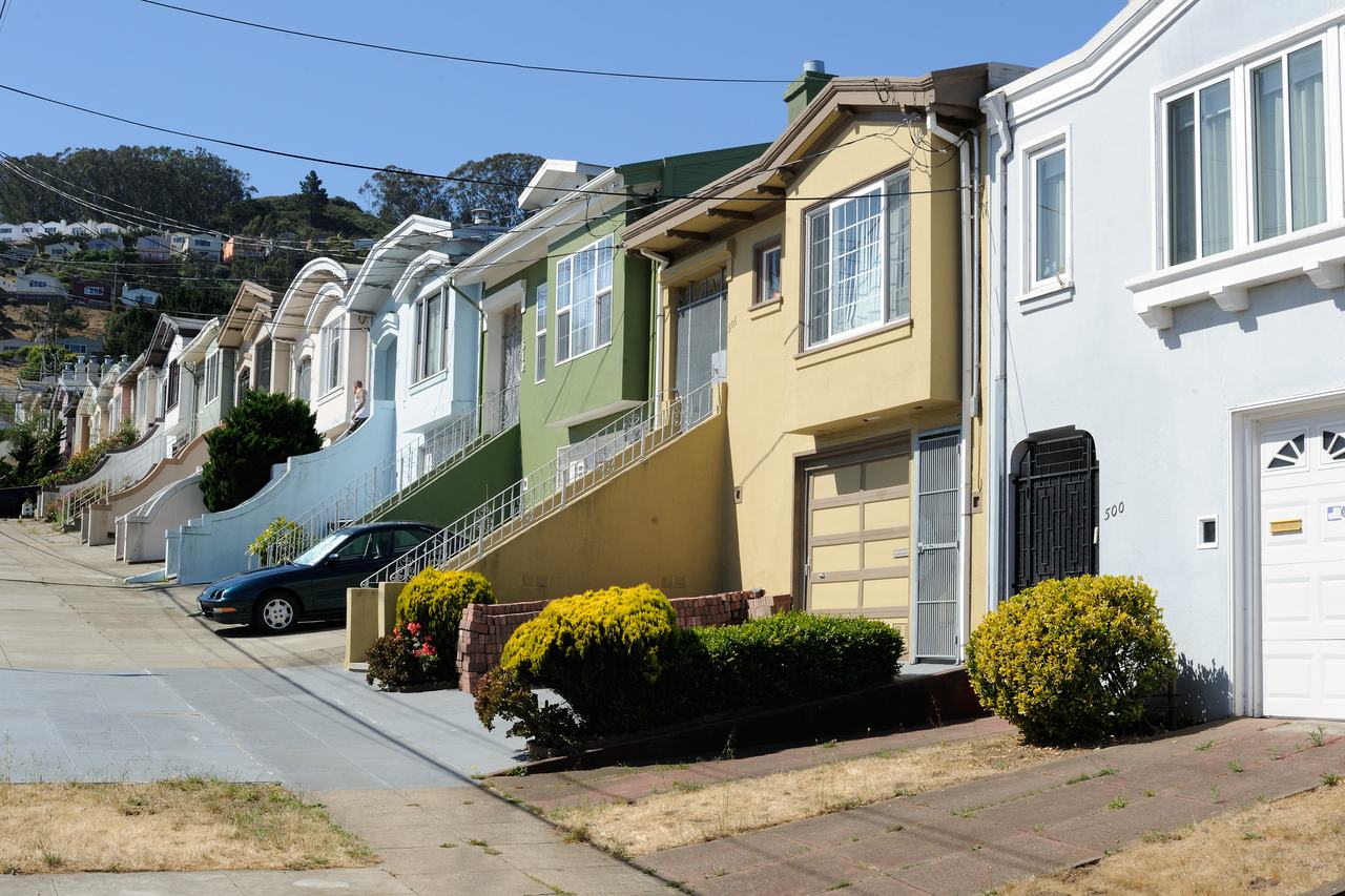 Row houses in San Francisco's Crocker Amazon district, with Daly City's Southern Hills neighborhood in the background.